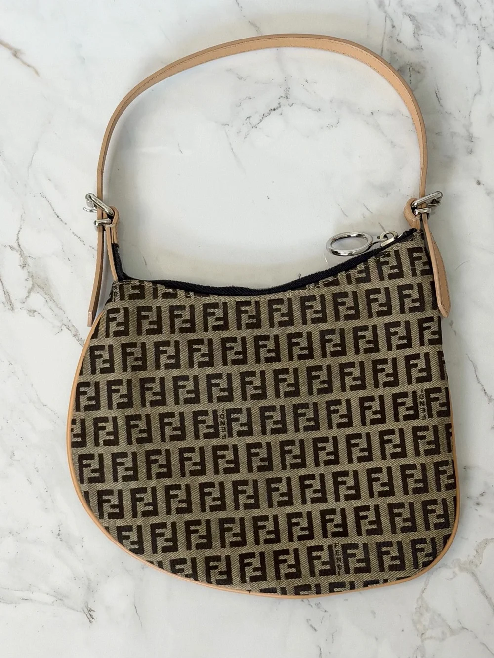EUC Fendi Zucchino Zucca Canvas Brown Oyster Shoulder Bag
